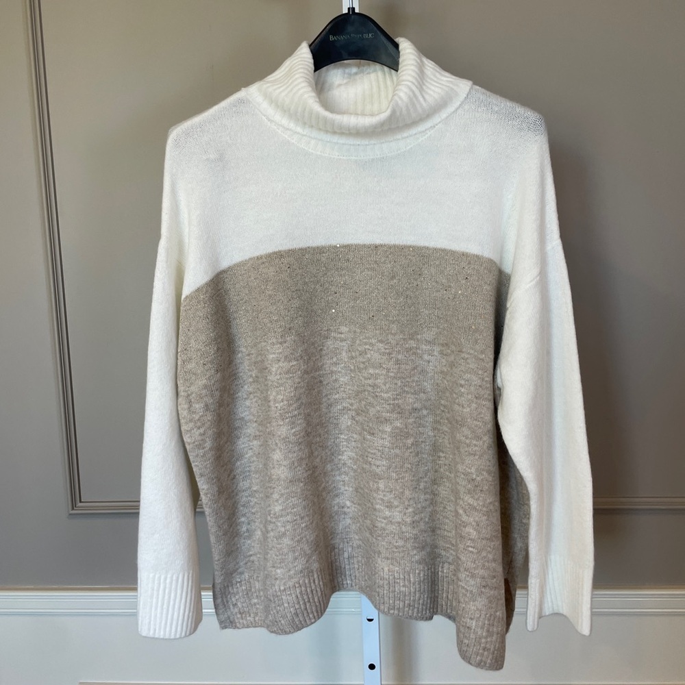 Vince Camuto NWT 1X Sweater Turtleneck Cream Tan Sparkle Soft Casual Colorblock
